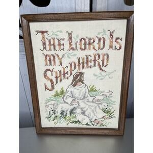 Vintage The Lord is My Shepherd Cross Stitch Wall Art Wood Frame